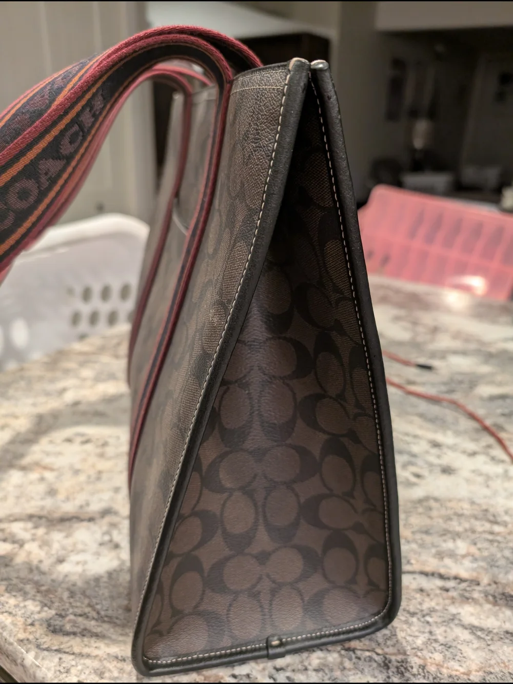 Coach Signature Canvas Large Tote in Brown with Maroon-Trim Straps - Picture 3 of 12